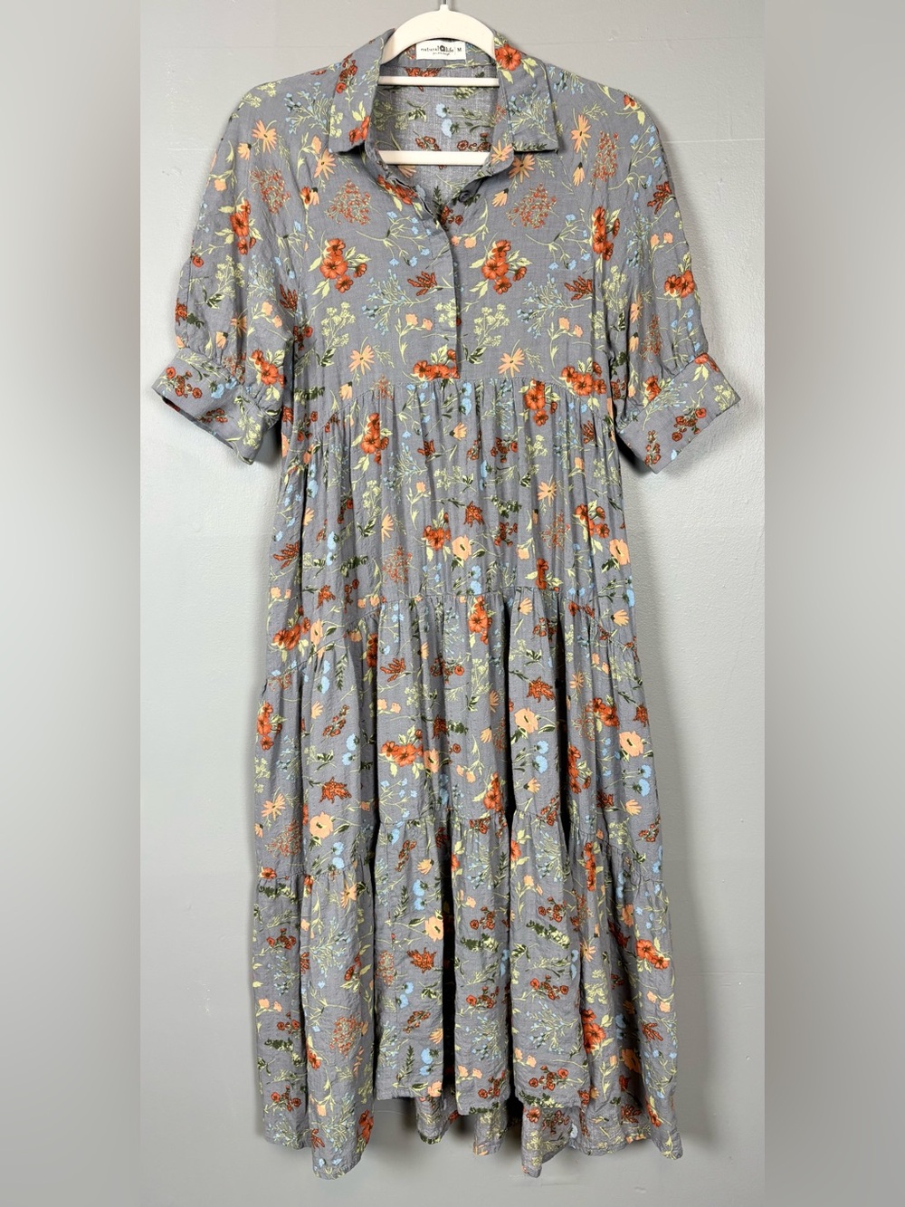 Natural Life Gray Blue Floral Cottagecore Tiered Lightweight Cotton A-Line Dress